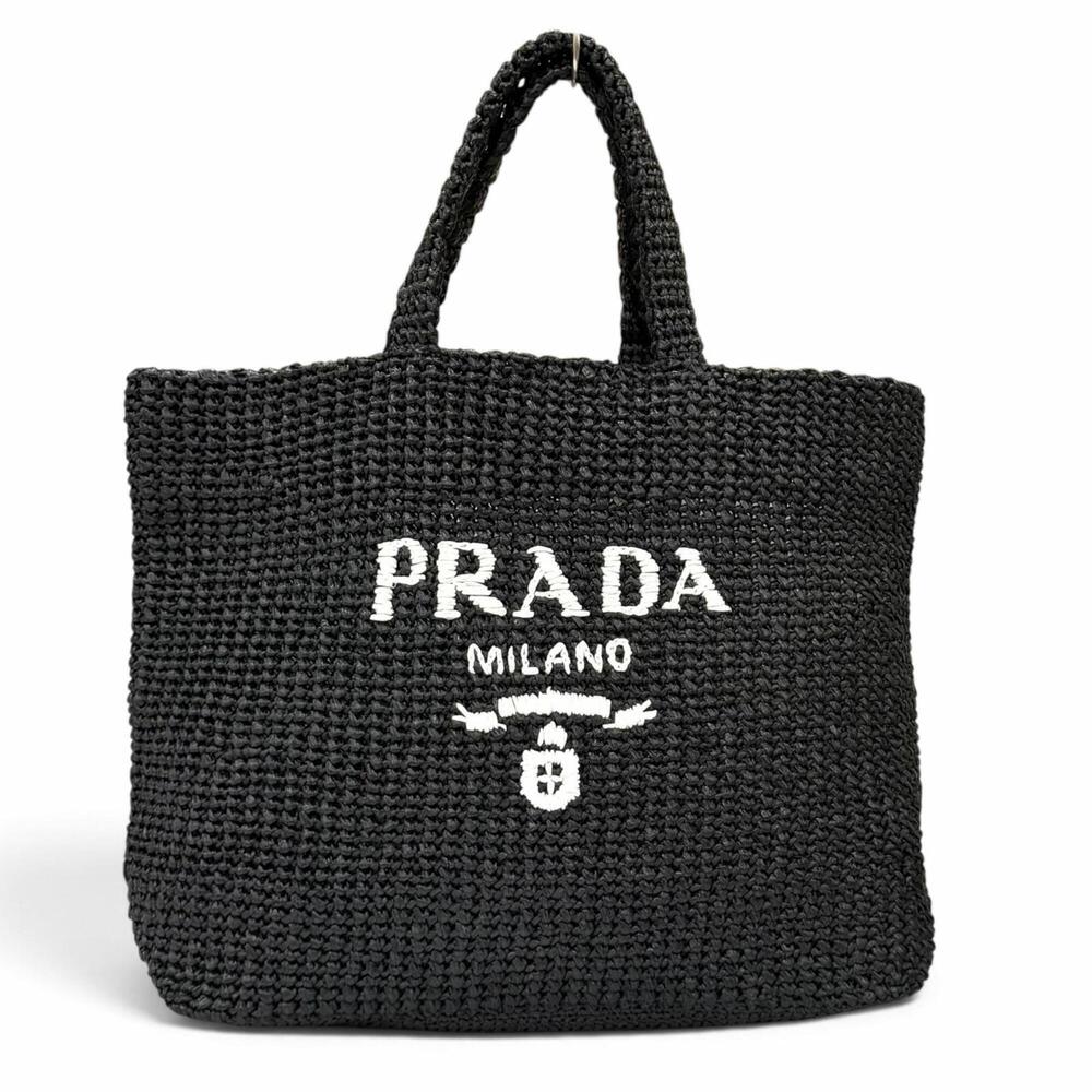 PRADA 1BG392 Crochet Tote Bag, Raffia, Triangle Logo, Basket Black, Women's, ...
